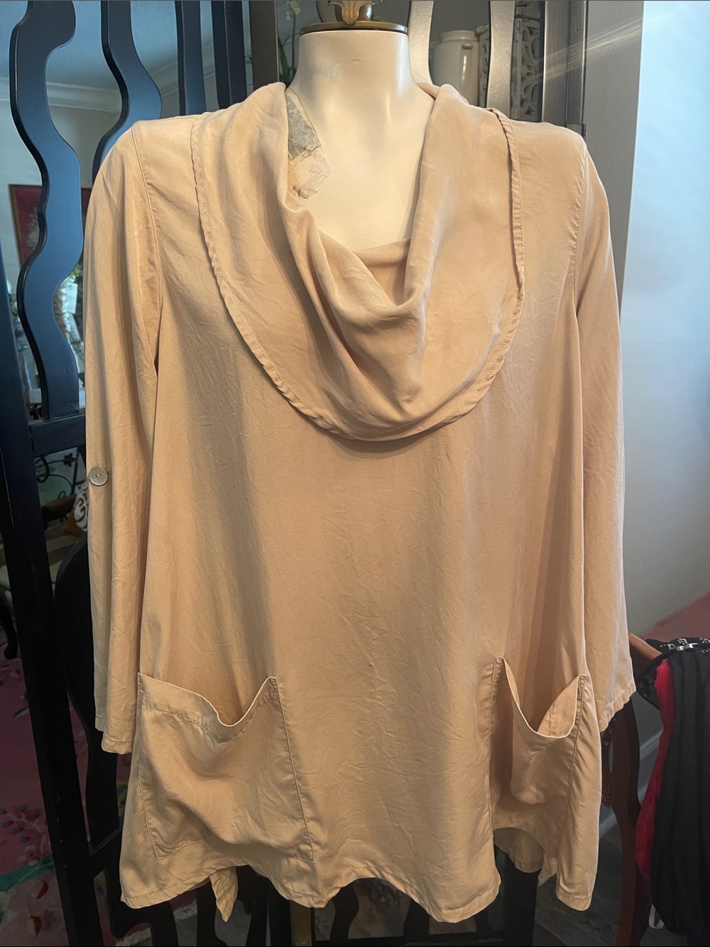 Ali Miles Soft Cream Cowl Neck Tunic with Front Pockets